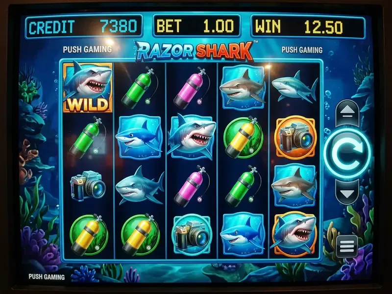 Schermata di gioco della razor shark slot con rulli e simboli marini