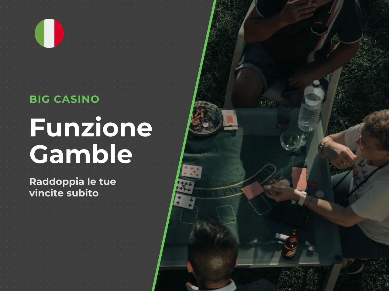 Gamble e altre meccaniche bonus. Dopo ogni vincita nel gioco base, il giocatore può tentare la sorte con la funzione Gamble: - **Indovinare il colore** (rosso o nero) della carta coperta → la vincita 