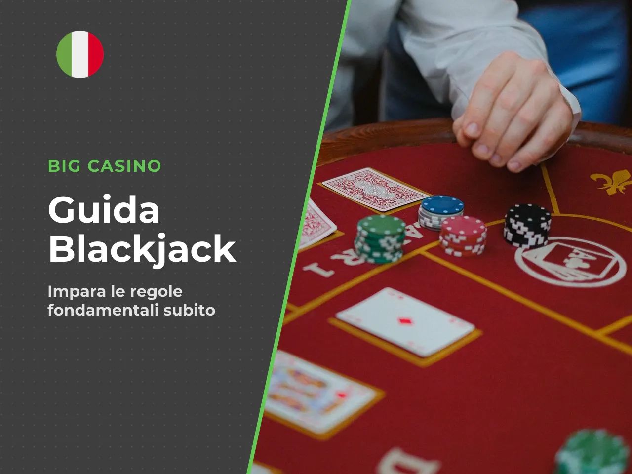 **In questa guida trovi:** - Cos'è il blackjack online e come funziona (RNG e live) - Regole complete: valore delle carte, svolgimento di un turno - Azioni possibili: hit, stand, double, split - Le **